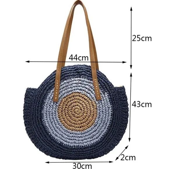 NEW Boho Large Round Straw Woven Shoulder Bag Handmade Summer Beach Tote Bag - Picture 4 of 7